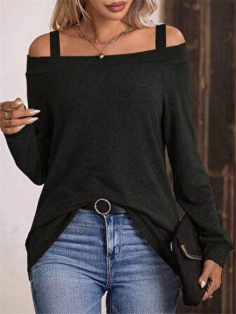 GETİCARET Kadın Askılı Iki Omuzu Açık Salaş Yün Viskon Bluz