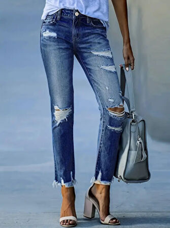 GETİCARET Kadın Dar Kesim Cepli önden Yırtık Desenli Denim Pantolon