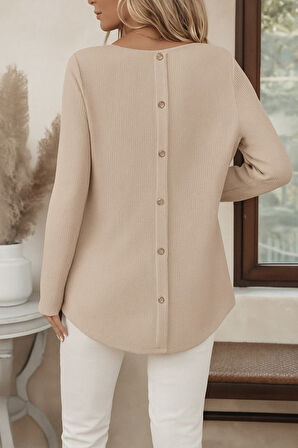 GETİCARET Kadın Uzun Kollu Yuvarlak Yaka Arkadan Düğmeli Waffle Bluz