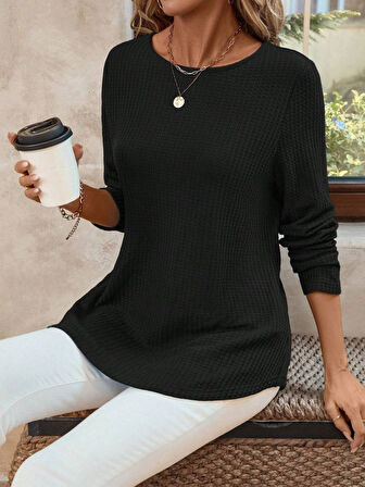 GETİCARET Kadın Uzun Kollu Yuvarlak Yaka Arkadan Düğmeli Waffle Bluz