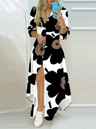 GETİCARET Kadın Yakalı önden Düğmeli çiçek Desenli Uzun Süprem Elbise