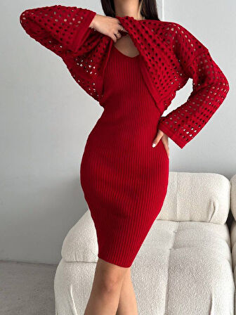 GETİCARET Kadın Delikli Kazak Askılı Elbise Triko Kumaş Ikili Takım