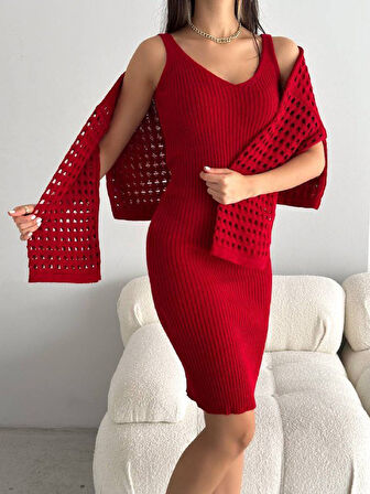 GETİCARET Kadın Delikli Kazak Askılı Elbise Triko Kumaş Ikili Takım
