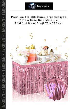 Premium Etkinlik Ürünü Organizasyon Detayı Rose Gold Metalize Püsküllü Masa Eteği 75 x 275 cm