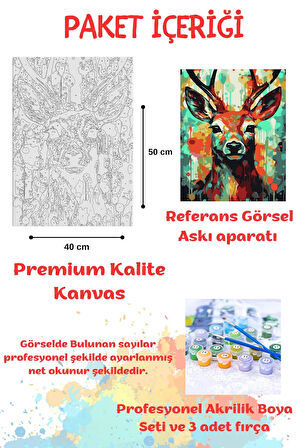 Sayılarla Boyama Çerçeveli Hobi Seti Numaralı Tuval GEYİK Fırça Boya Dahil Kasnaklı 40X50 Cm