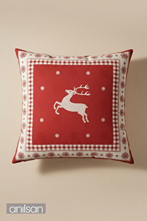 Geyik Desenli Çift Taraflı Kırlent Kılıfı - 45x45 cm Yılbaşı Dekoratif 