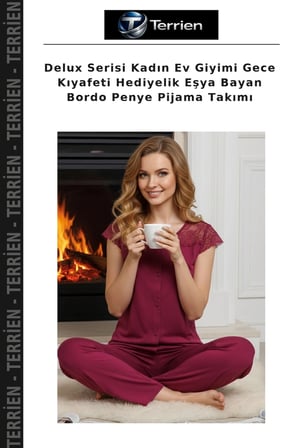 Delux Serisi Kadın Ev Giyimi Gece Kıyafeti Hediyelik Eşya Bayan Bordo Penye Pijama Takımı