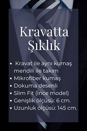 Füme Gri Noktalı Siyah Dokuma Kumaş Mendilli Slim Fit Kravat // SDK-240102