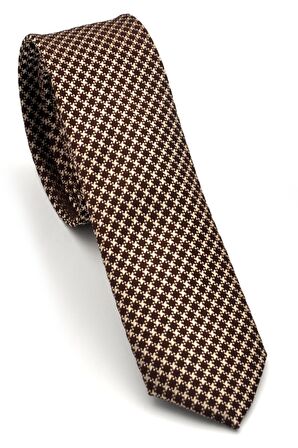 Bej Pöti Kare Desenli Kahverengi Dokuma Kumaş Mendilli Slim Fit Kravat // SDK-240108