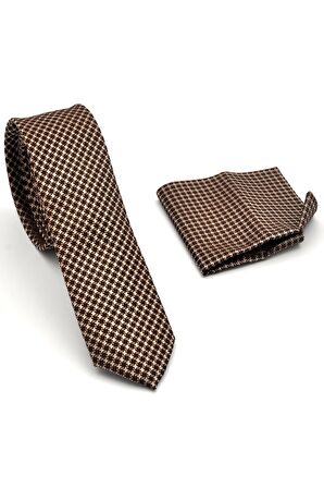 Bej Pöti Kare Desenli Kahverengi Dokuma Kumaş Mendilli Slim Fit Kravat // SDK-240108