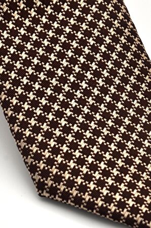 Bej Pöti Kare Desenli Kahverengi Dokuma Kumaş Mendilli Slim Fit Kravat // SDK-240108