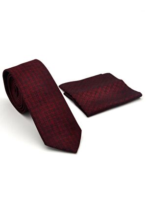 Siyah Desenli Bordo Dokuma Kumaş Mendilli Slim Fit Kravat // SDK-240111