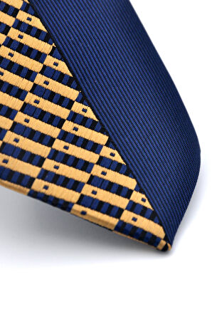 Bej ve Lacivert Pano Desenli Dokuma Kumaş Slim Fit Kravat // KPK010