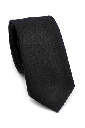 Siyah Şal Desenli Dokuma Kumaş Mendilli Slim Fit Kravat // SDK-250201