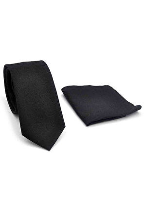 Siyah Şal Desenli Dokuma Kumaş Mendilli Slim Fit Kravat // SDK-250201