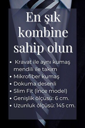 Siyah Şal Desenli Dokuma Kumaş Mendilli Slim Fit Kravat // SDK-250201