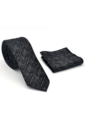 Gri Kırcıllı Desenli Siyah Dokuma Kumaş Mendilli Slim Fit Kravat // SDK-2501-1