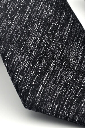 Gri Kırcıllı Desenli Siyah Dokuma Kumaş Mendilli Slim Fit Kravat // SDK-2501-1