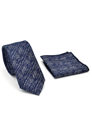 Gri Kırcıllı Desenli Lacivert Dokuma Kumaş Mendilli Slim Fit Kravat // SDK-2501-2
