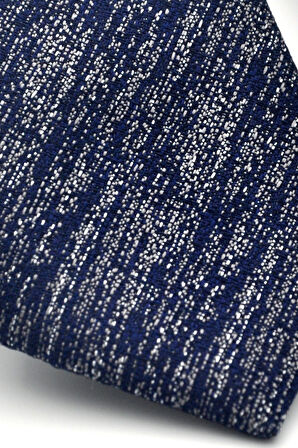 Gri Kırcıllı Desenli Lacivert Dokuma Kumaş Mendilli Slim Fit Kravat // SDK-2501-2