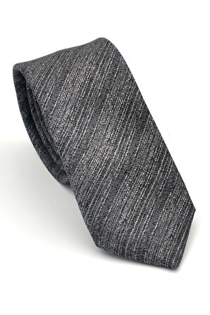 Gri Kırcıllı Desenli Füme Dokuma Kumaş Mendilli Slim Fit Kravat // SDK-2501-3