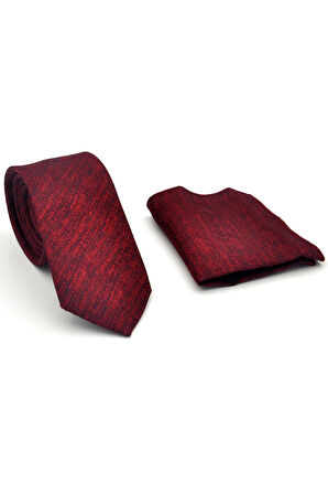 Kırmızı Kırcıllı Desenli Bordo Dokuma Kumaş Mendilli Slim Fit Kravat // SDK-2501-4