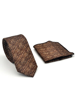 Bej Kırcıllı Desenli Açık Kahverengi Dokuma Kumaş Mendilli Slim Fit Kravat // SDK-2501-5