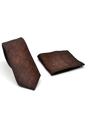 Bej Kırcıllı Desenli Koyu Kahverengi Dokuma Kumaş Mendilli Slim Fit Kravat // SDK-2501-6