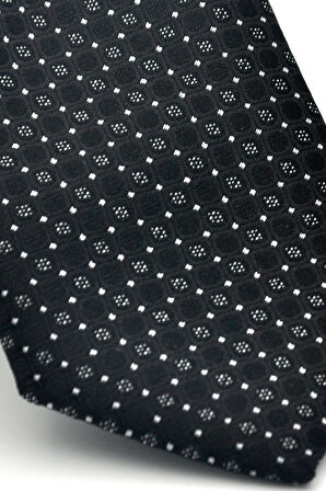 Beyaz Karışık Desenli Siyah Dokuma Kumaş Mendilli Slim Fit Kravat // SDK-2502-1