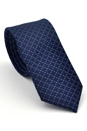 Mavi Karışık Desenli Lacivert Dokuma Kumaş Mendilli Slim Fit Kravat // SDK-2502-2
