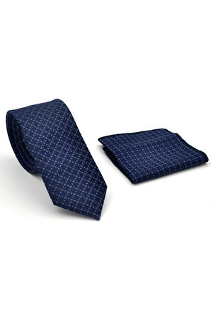 Mavi Karışık Desenli Lacivert Dokuma Kumaş Mendilli Slim Fit Kravat // SDK-2502-2