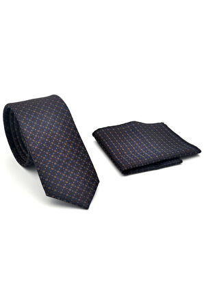 Bej Karışık Desenli Kahverengi Dokuma Kumaş Mendilli Slim Fit Kravat // SDK-2502-5