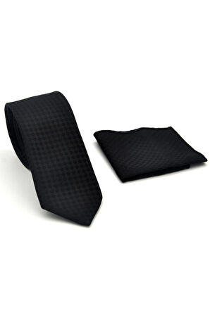 Siyah Piti Kare Desenli Siyah Dokuma Kumaş Mendilli Slim Fit Kravat // SDK-2503-1