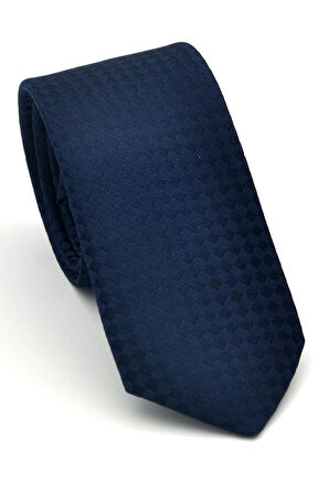 Lacivert Piti Kare Desenli Lacivert Dokuma Kumaş Mendilli Slim Fit Kravat // SDK-2503-2
