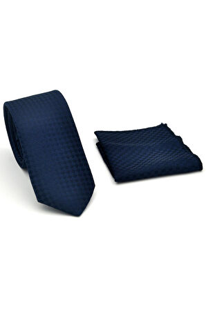 Lacivert Piti Kare Desenli Lacivert Dokuma Kumaş Mendilli Slim Fit Kravat // SDK-2503-2