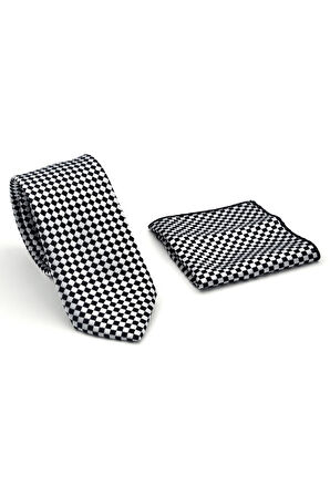 Siyah Piti Kare Desenli Beyaz Dokuma Kumaş Mendilli Slim Fit Kravat // SDK-2503-4