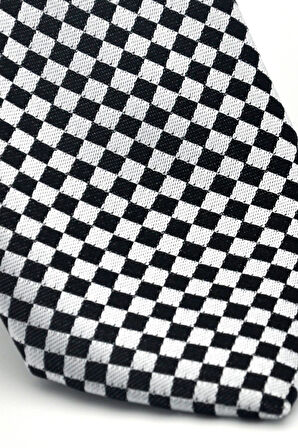 Siyah Piti Kare Desenli Beyaz Dokuma Kumaş Mendilli Slim Fit Kravat // SDK-2503-4
