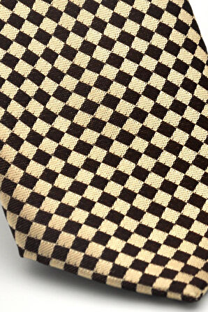 Kahverengi Piti Kare Desenli Bej Dokuma Kumaş Mendilli Slim Fit Kravat // SDK-2503-5
