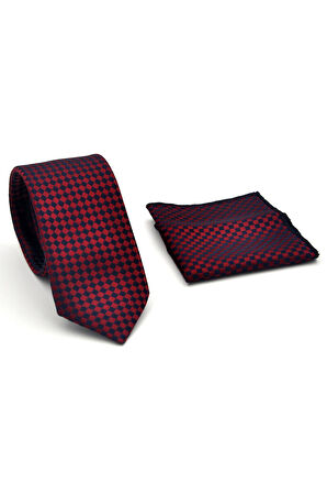 Lacivert Piti Kare Desenli Bordo Dokuma Kumaş Mendilli Slim Fit Kravat // SDK-2503-6