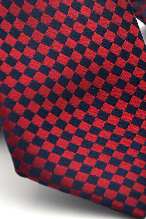 Lacivert Piti Kare Desenli Bordo Dokuma Kumaş Mendilli Slim Fit Kravat // SDK-2503-6
