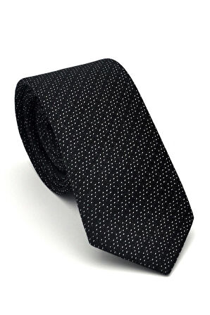 Beyaz Kırcıl Desenli Siyah Dokuma Kumaş Mendilli Slim Fit Kravat // SDK-2504-1