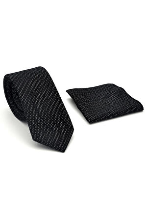 Beyaz Kırcıl Desenli Siyah Dokuma Kumaş Mendilli Slim Fit Kravat // SDK-2504-1