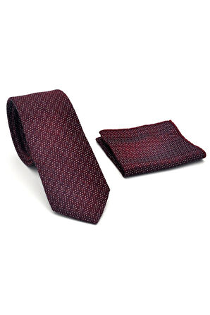 Beyaz Kırcıl Desenli Bordo Dokuma Kumaş Mendilli Slim Fit Kravat // SDK-2504-3