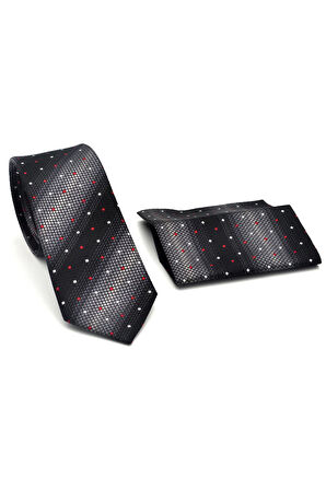 Gri Verev Desenli Siyah Dokuma Kumaş Mendilli Slim Fit Kravat // SDK-2505-1