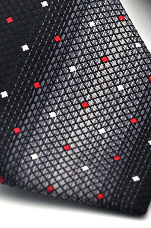 Gri Verev Desenli Siyah Dokuma Kumaş Mendilli Slim Fit Kravat // SDK-2505-1