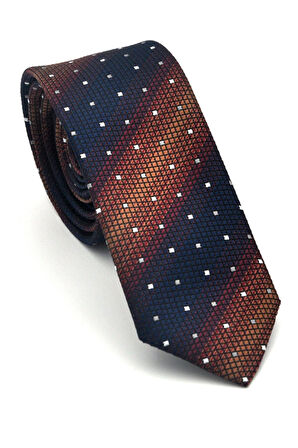 Kahverengi Verev Desenli Lacivert Dokuma Kumaş Mendilli Slim Fit Kravat // SDK-2505-2