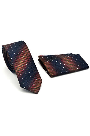 Kahverengi Verev Desenli Lacivert Dokuma Kumaş Mendilli Slim Fit Kravat // SDK-2505-2