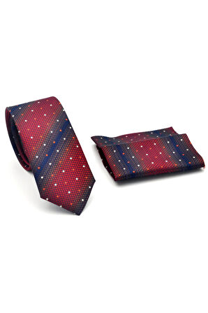 Lacivert Verev Desenli Bordo Dokuma Kumaş Mendilli Slim Fit Kravat // SDK-2505-3