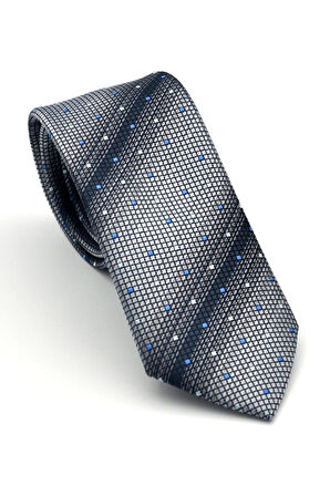Füme Verev Desenli Gri Dokuma Kumaş Mendilli Slim Fit Kravat // SDK-2505-4