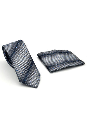 Füme Verev Desenli Gri Dokuma Kumaş Mendilli Slim Fit Kravat // SDK-2505-4